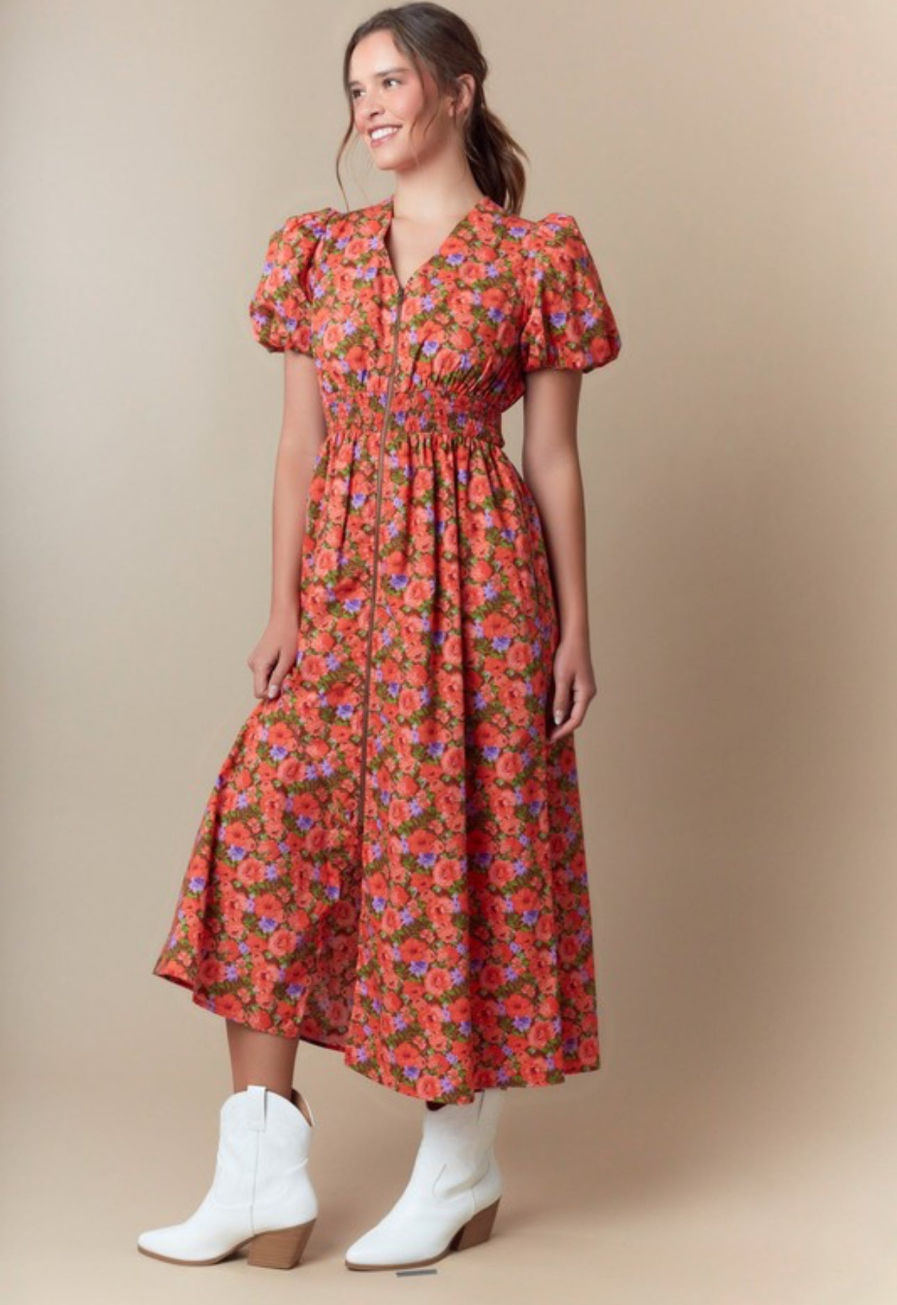 Ivonne midi Dress.                                       Vestido midi con cremallera frontal y estampado floral de transición