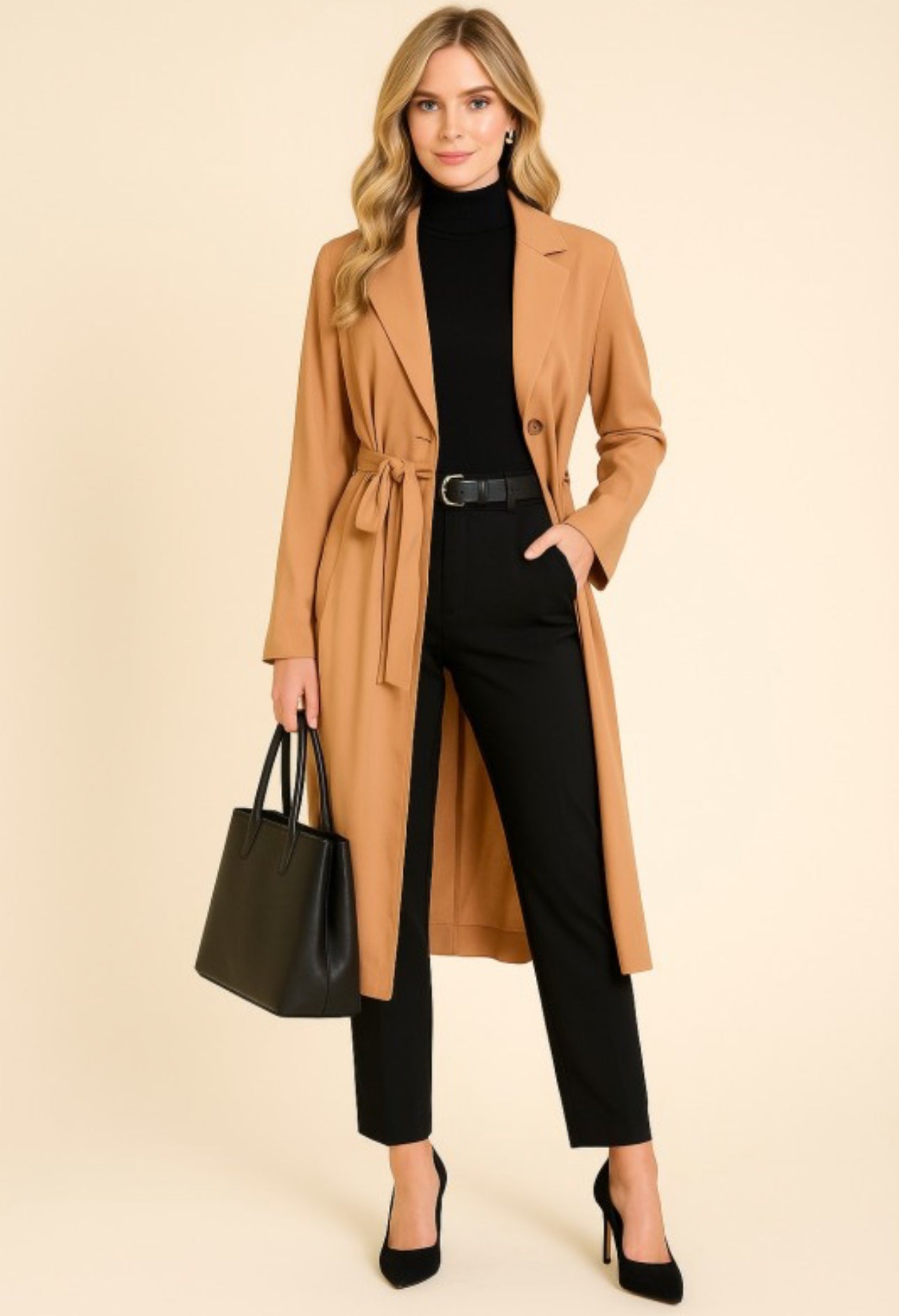 Gabardina color canela con lazo en la cintura