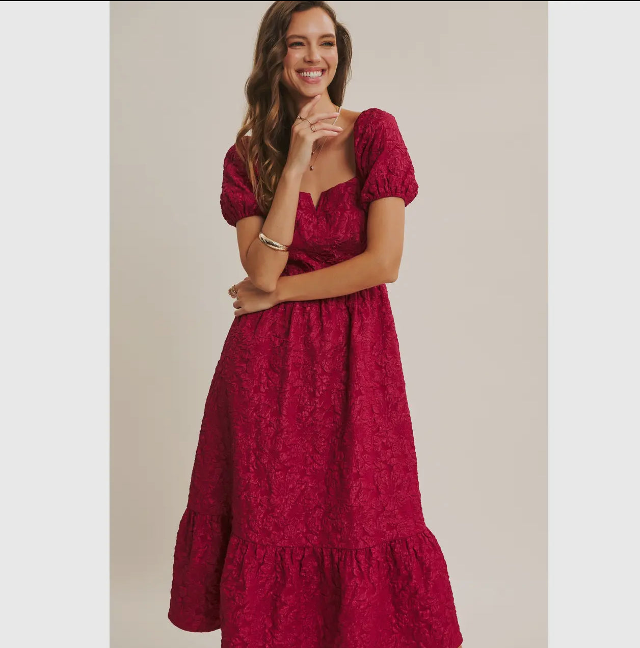 Rous Midi Dress                               Vestido Midi De Jacquard Floral Con Mangas Abullonadas De Elegancia Atemporal