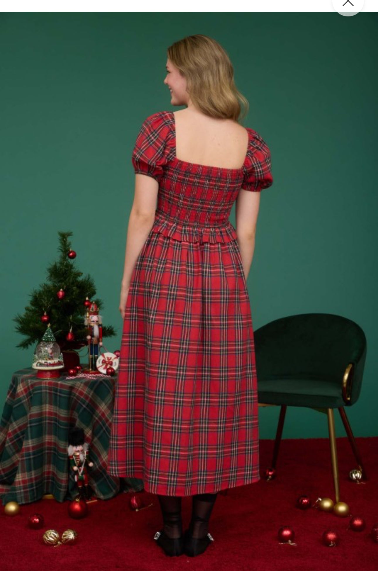 Angelita Midi  Dress   a cuadros con mangas abullonadas y ribete de terciopelo