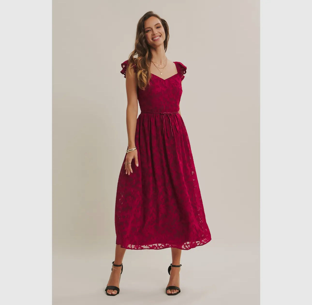 Royce Midi Dress.                                         Vestido Midi De Jacquard Con Cintura De Terciopelo Rico En Textura