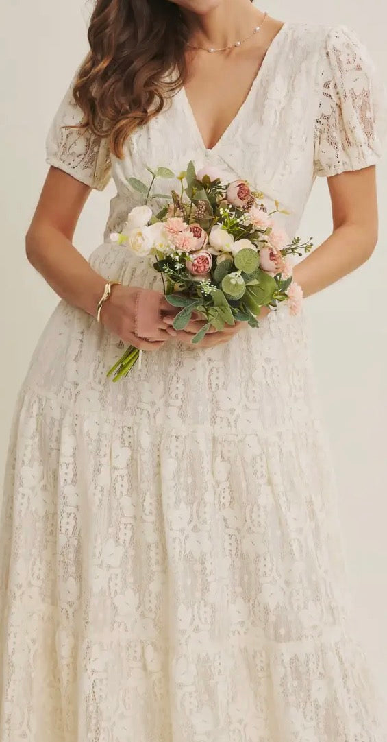 Lace Midi Dress with Ruffles and Puff Sleeves
