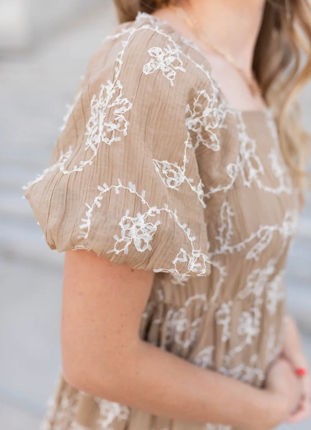 Esther Embroidered Dress in Light Mocha