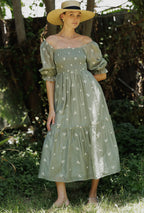 Sara  Midi Dress                                         Con Cuerpo Fruncido Y Mangas Abullonadas