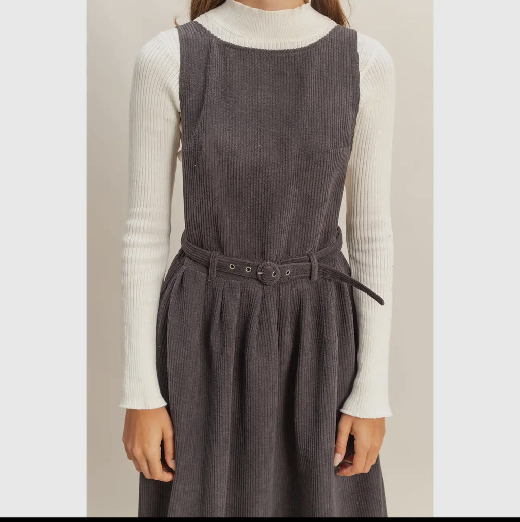 Overall Dress Vestido Midi Sin Mangas De Pana Con Cinturón