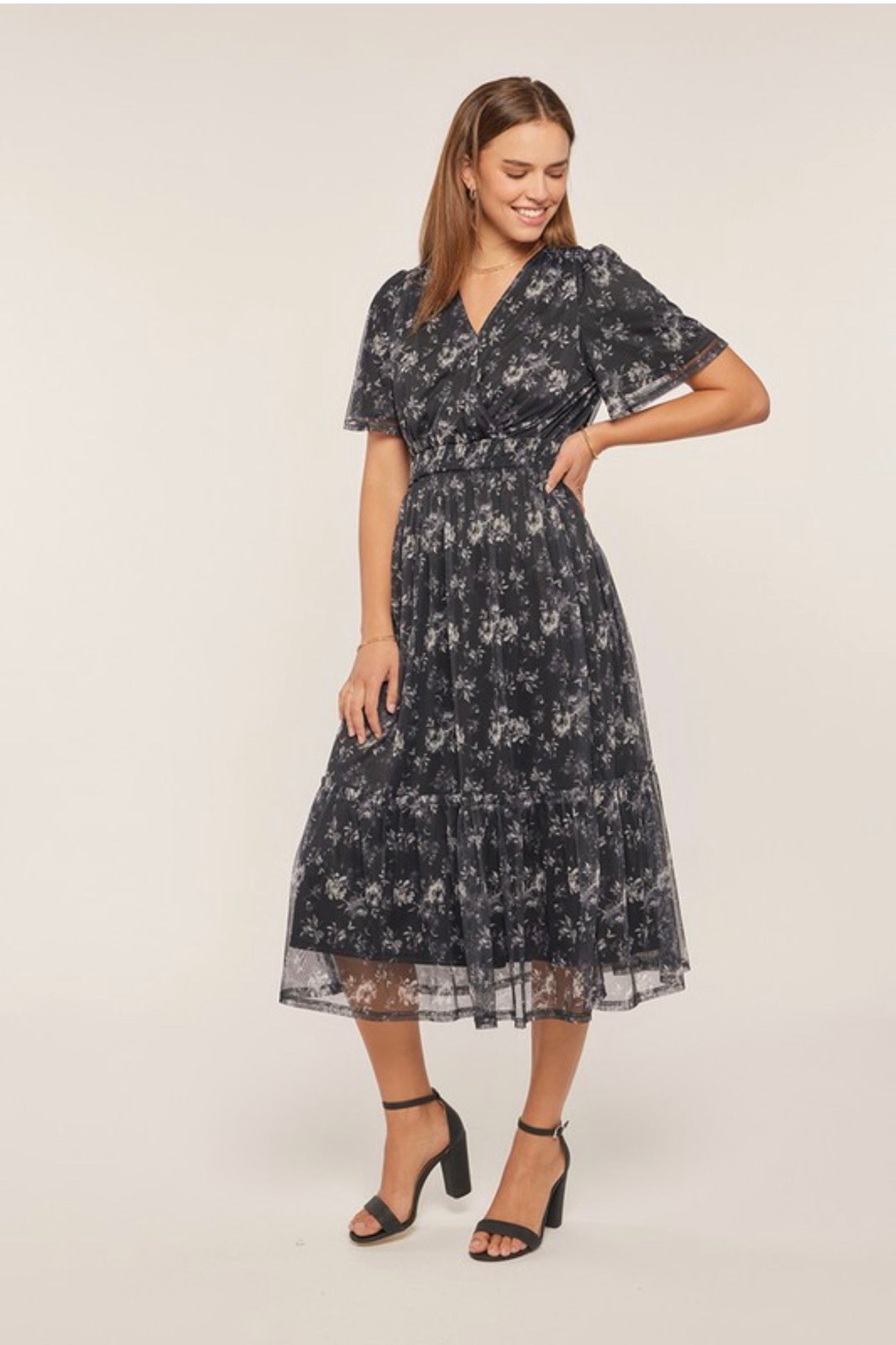 Eloise Midi￼ dress.                                    Printed Mesh Wrap Dress