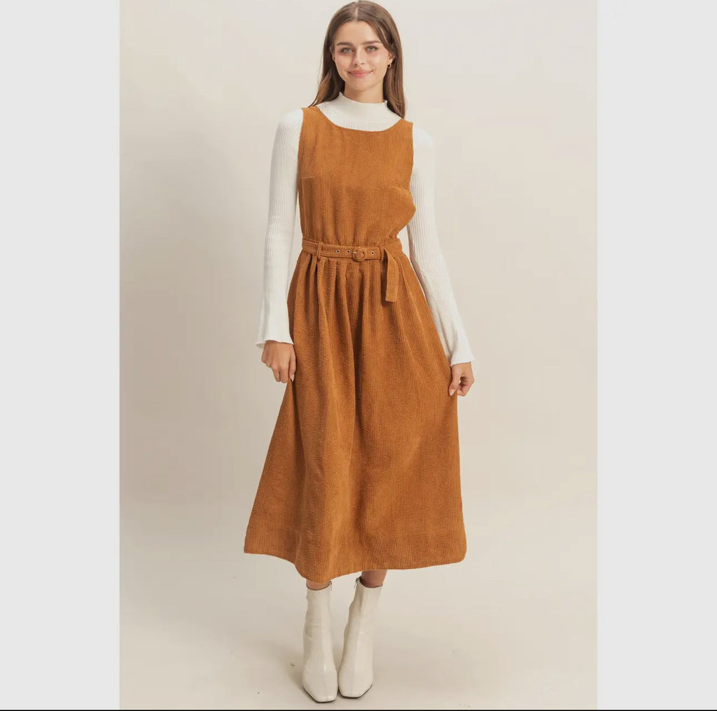 Overall Dress                                            Vestido Midi Sin Mangas De Pana Con Cinturón