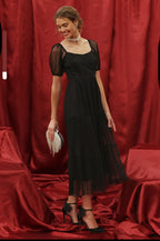 Rebeca Midi Dress.                                   Organza Escalonado Con Mangas Abullonadas