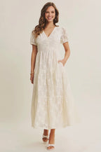 Lace Midi Dress with Ruffles and Puff Sleeves