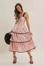 Shiny Velvet Midi Dress
With Contrast Ruffles