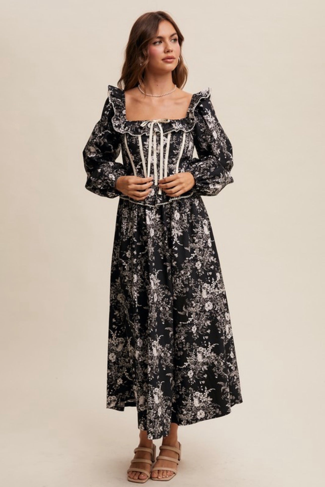 Rous  MIDI Dress.                                     Floral Corset Ruffle Midi Dress