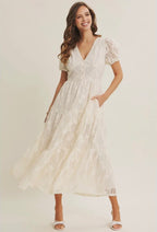 Lace Midi Dress with Ruffles and Puff Sleeves