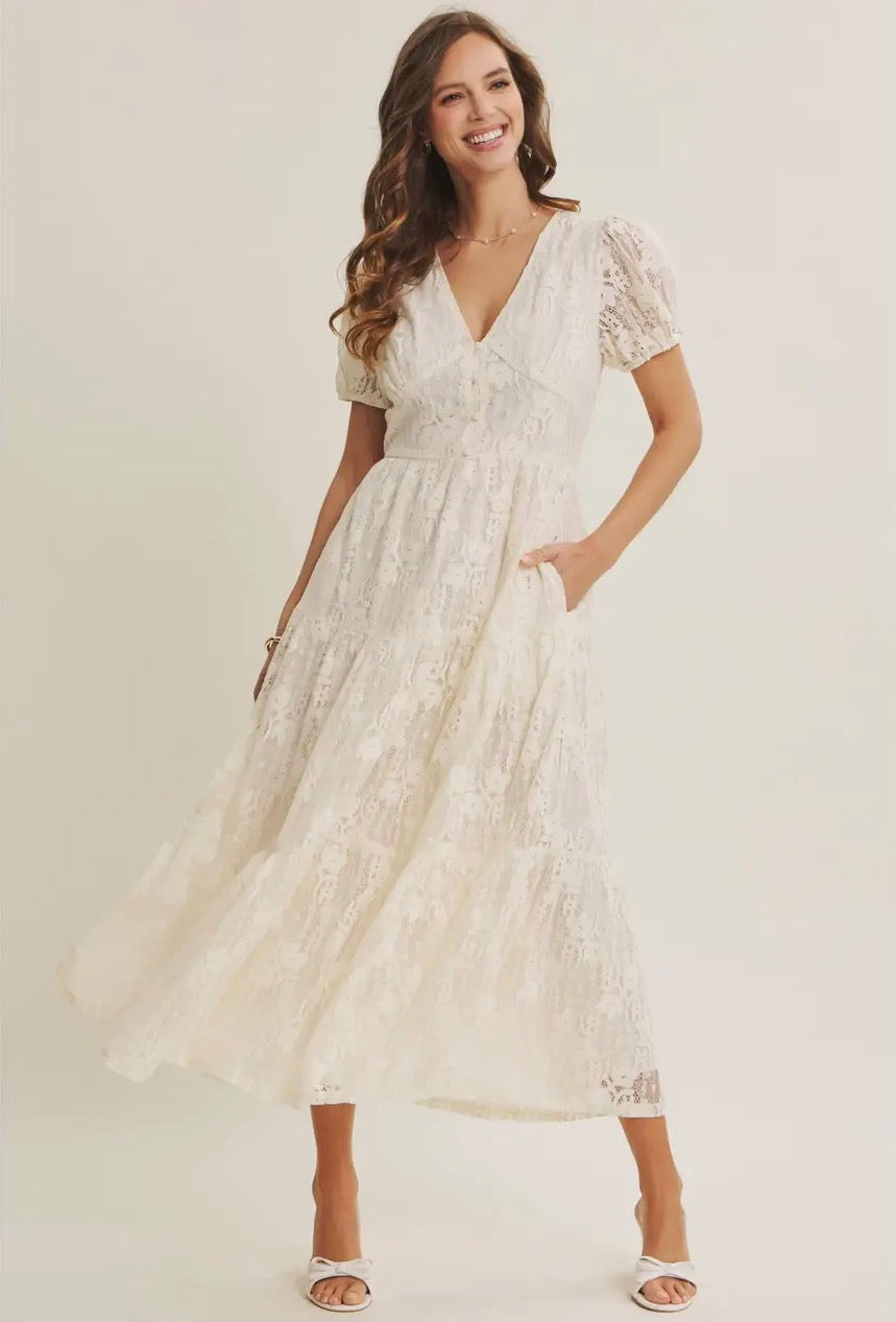 Lace Midi Dress with Ruffles and Puff Sleeves