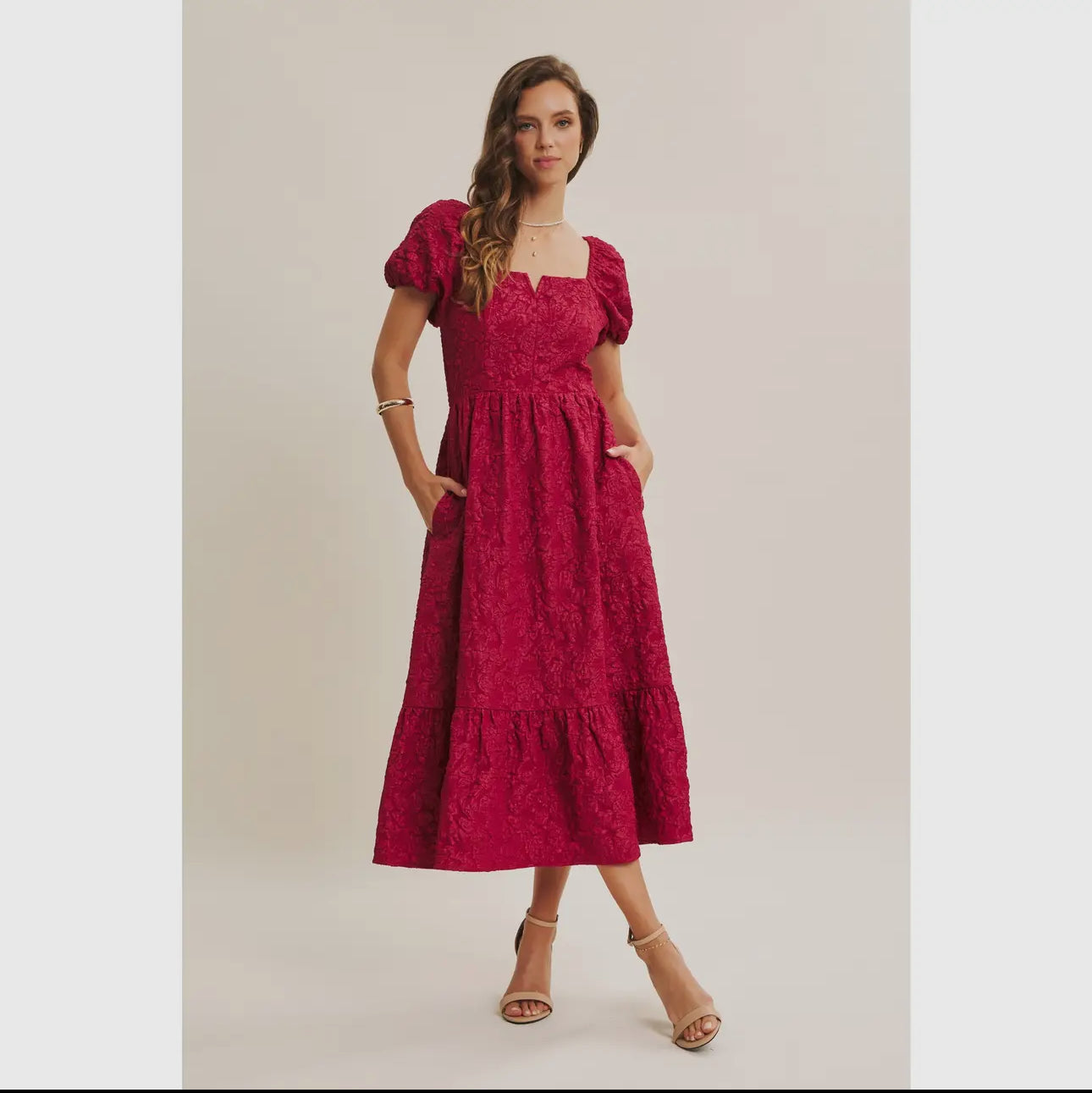 Rous Midi Dress                               Vestido Midi De Jacquard Floral Con Mangas Abullonadas De Elegancia Atemporal