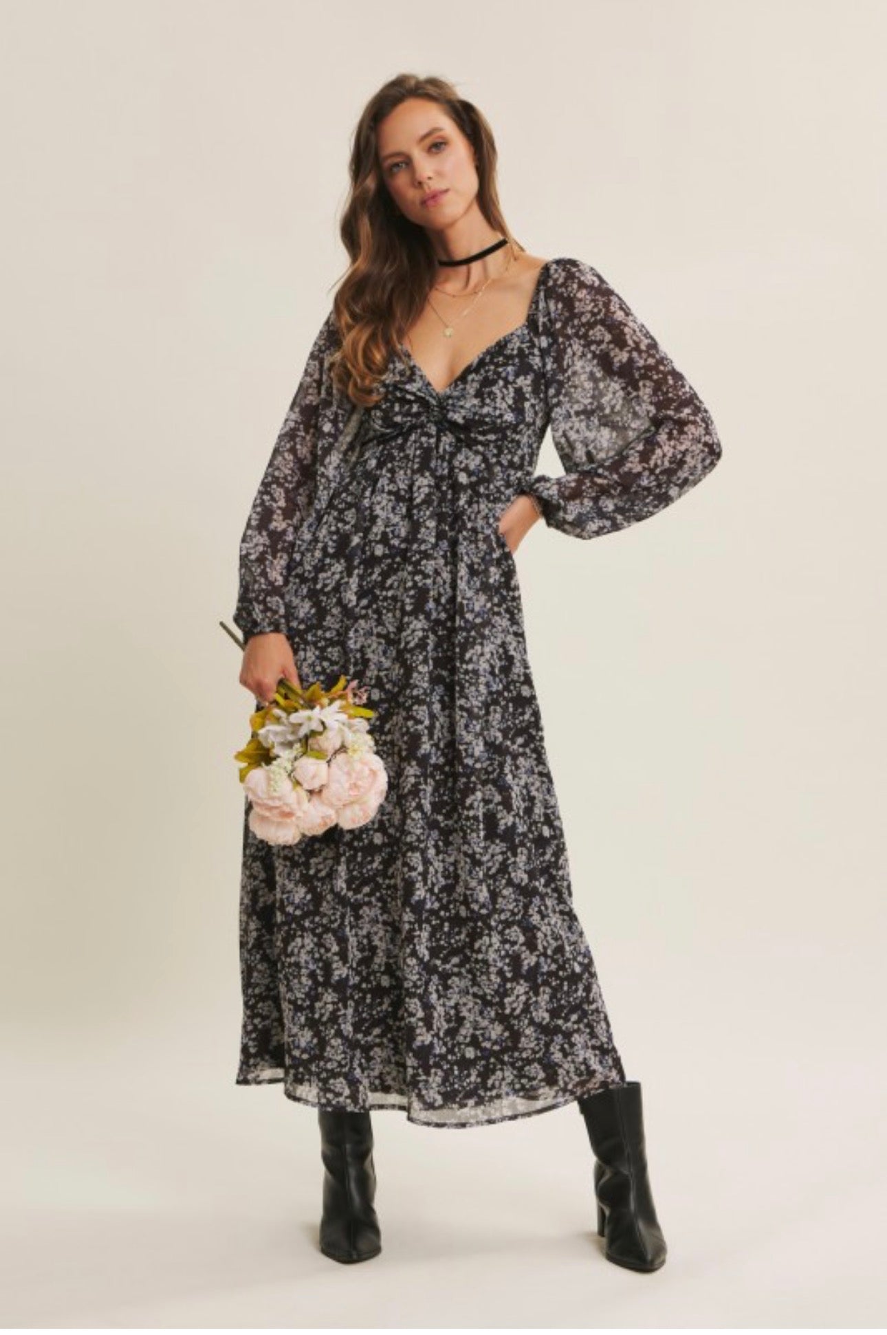 Mayra  Maxi Dress.                                    Twisted Front Floral Yoryu Chiffon Midi Dress