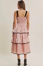 Shiny Velvet Midi Dress
With Contrast Ruffles