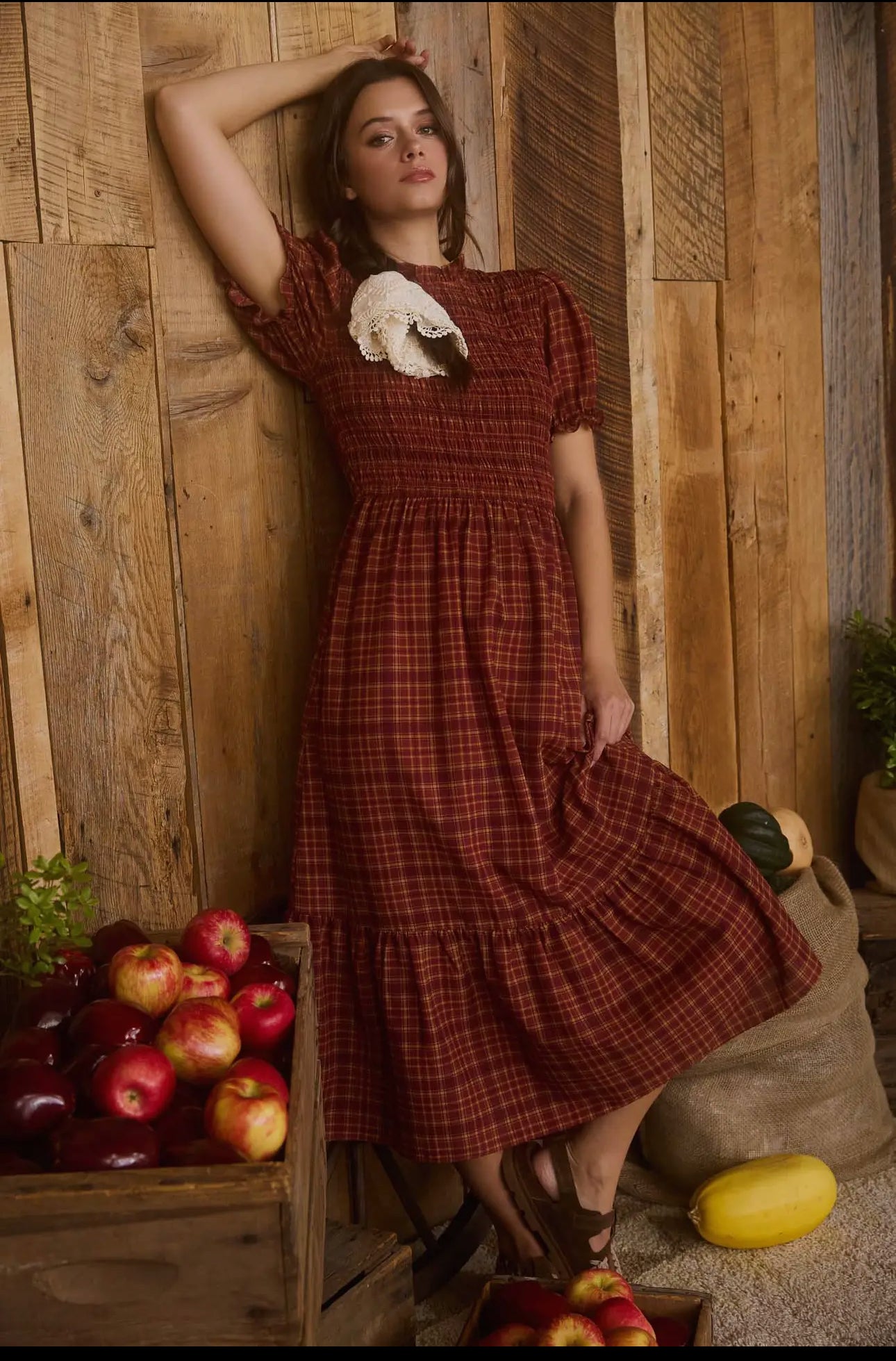 Valeria Midi  Dress De Cuadros Con Mangas Cortas Abullonadas Y Nido De Abeja