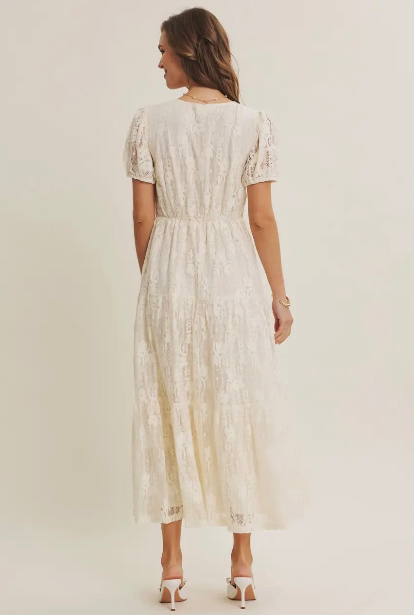 Lace Midi Dress with Ruffles and Puff Sleeves