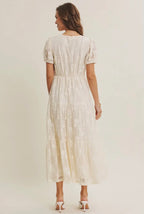 Lace Midi Dress with Ruffles and Puff Sleeves
