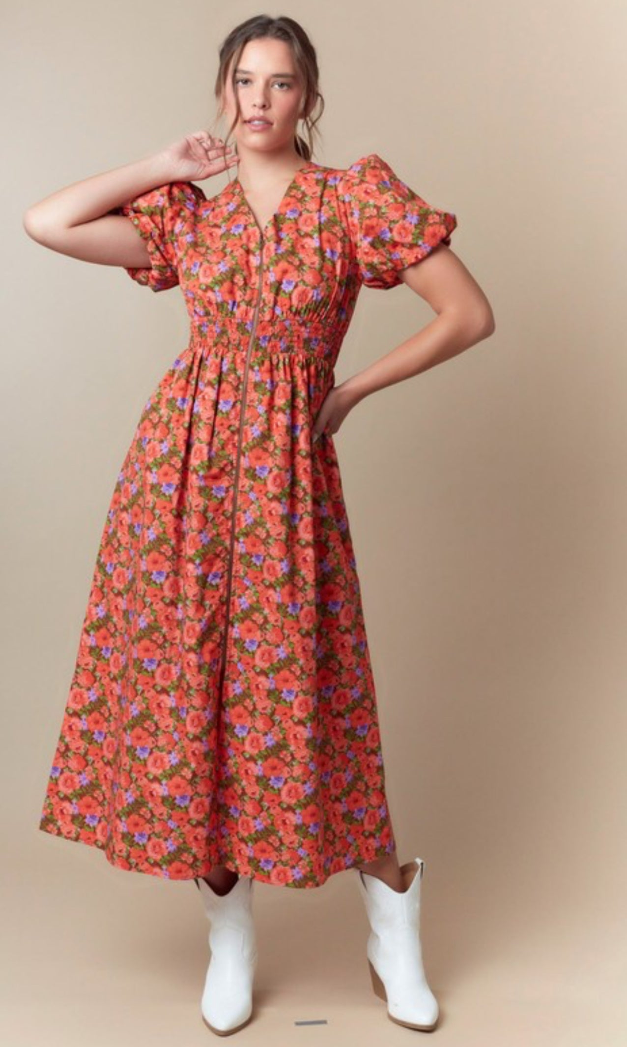 Ivonne midi Dress.                                       Vestido midi con cremallera frontal y estampado floral de transición