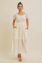 Floral Lace Midi Dress with
Ruched Waist