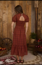 Valeria Midi  Dress De Cuadros Con Mangas Cortas Abullonadas Y Nido De Abeja