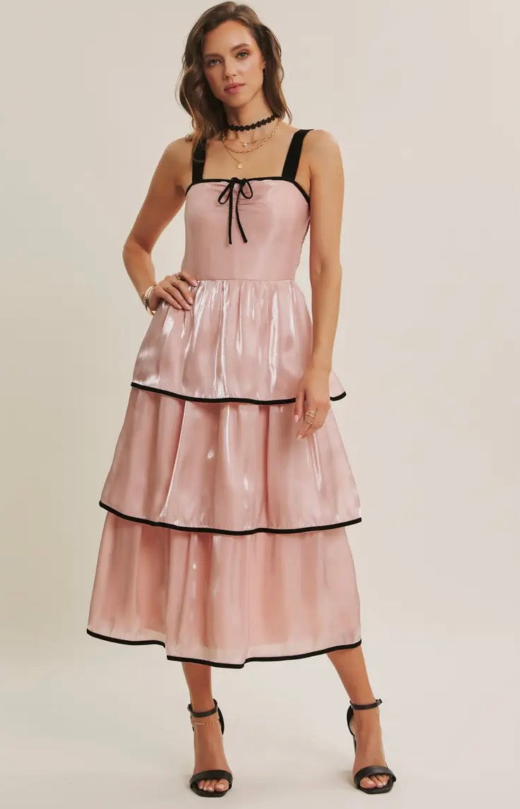 Shiny Velvet Midi Dress
With Contrast Ruffles