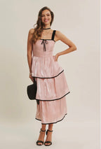 Shiny Velvet Midi Dress
With Contrast Ruffles