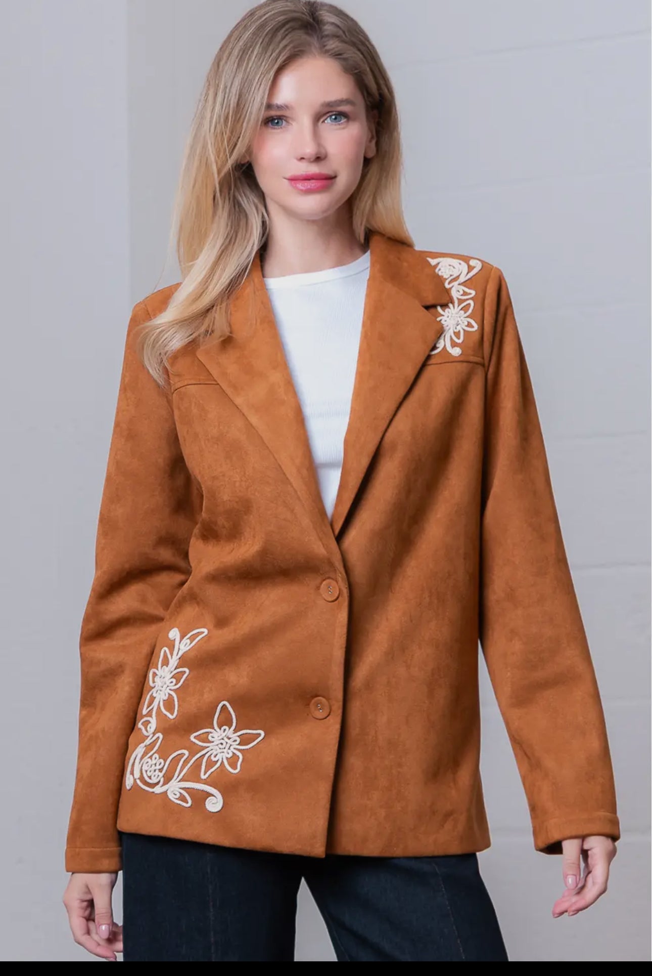 Blazer de manga larga Con escote v y bordado de flores