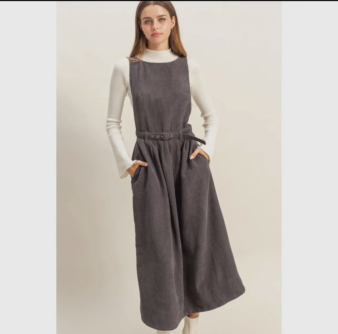 Overall Dress Vestido Midi Sin Mangas De Pana Con Cinturón