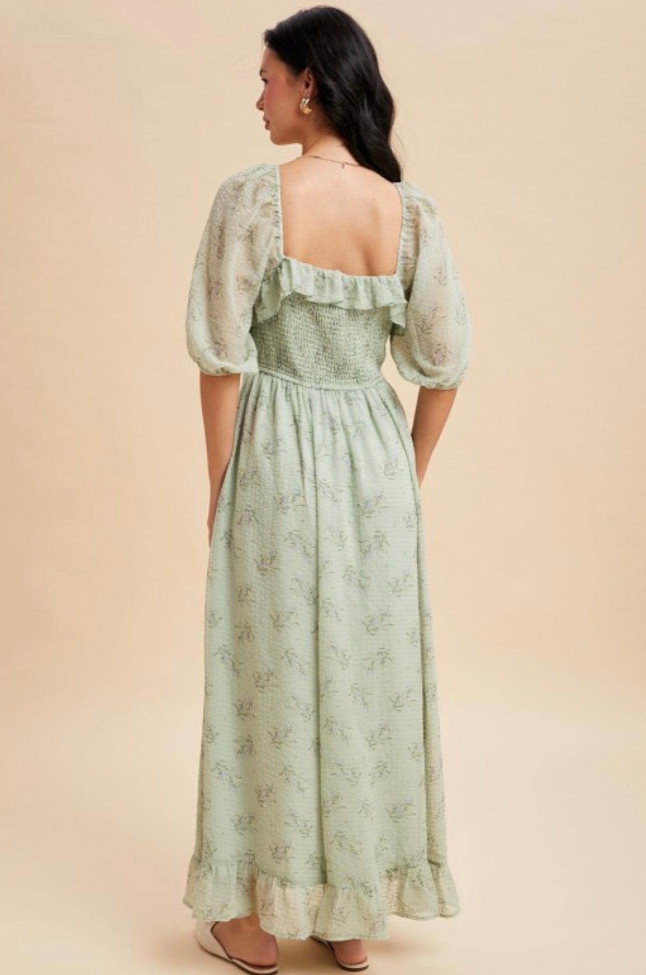 Laura maxi Dress.                                    Smocked Floral Ruffle Maxi Dress