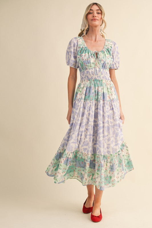 Mixed Floral Print Tiered Midi Dress With Cut-out Back