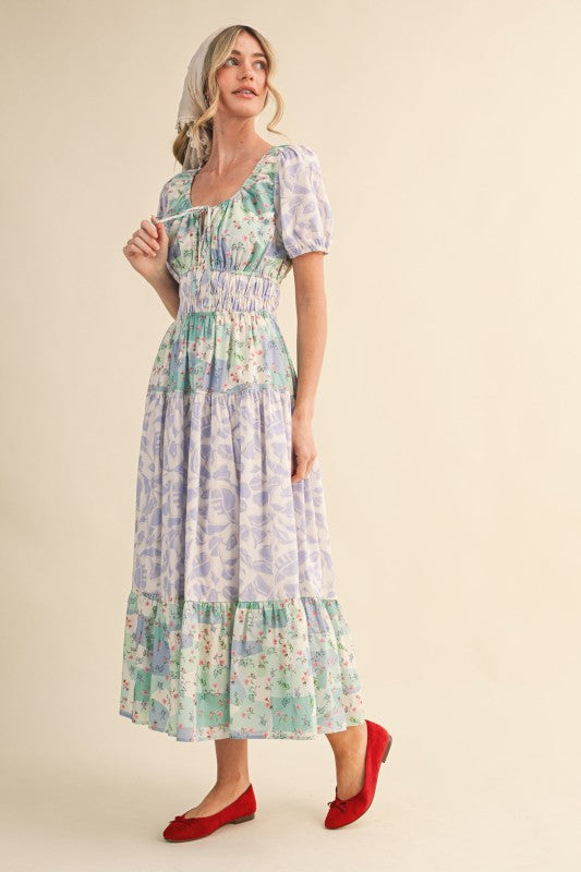 Mixed Floral Print Tiered Midi Dress With Cut-out Back