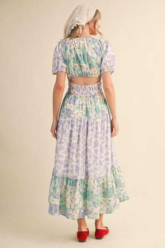 Mixed Floral Print Tiered Midi Dress With Cut-out Back