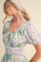 Mixed Floral Print Tiered Midi Dress With Cut-out Back