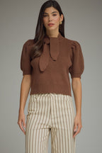 Mocha Ribbed Knit Bow Top