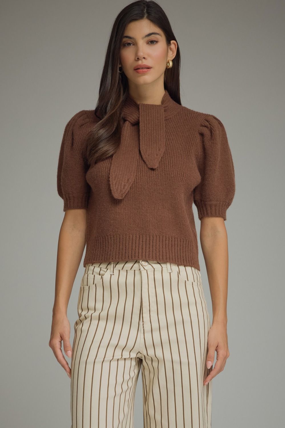 Mocha Ribbed Knit Bow Top
