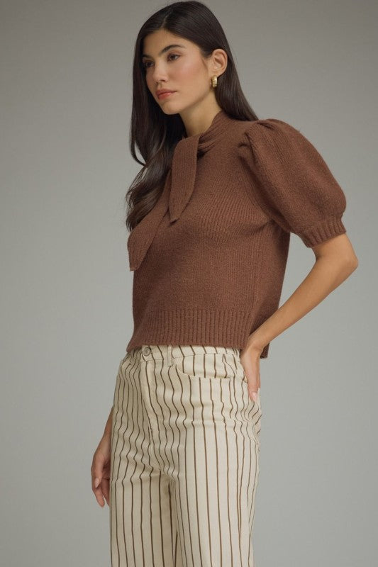 Mocha Ribbed Knit Bow Top