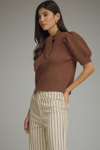 Mocha Ribbed Knit Bow Top